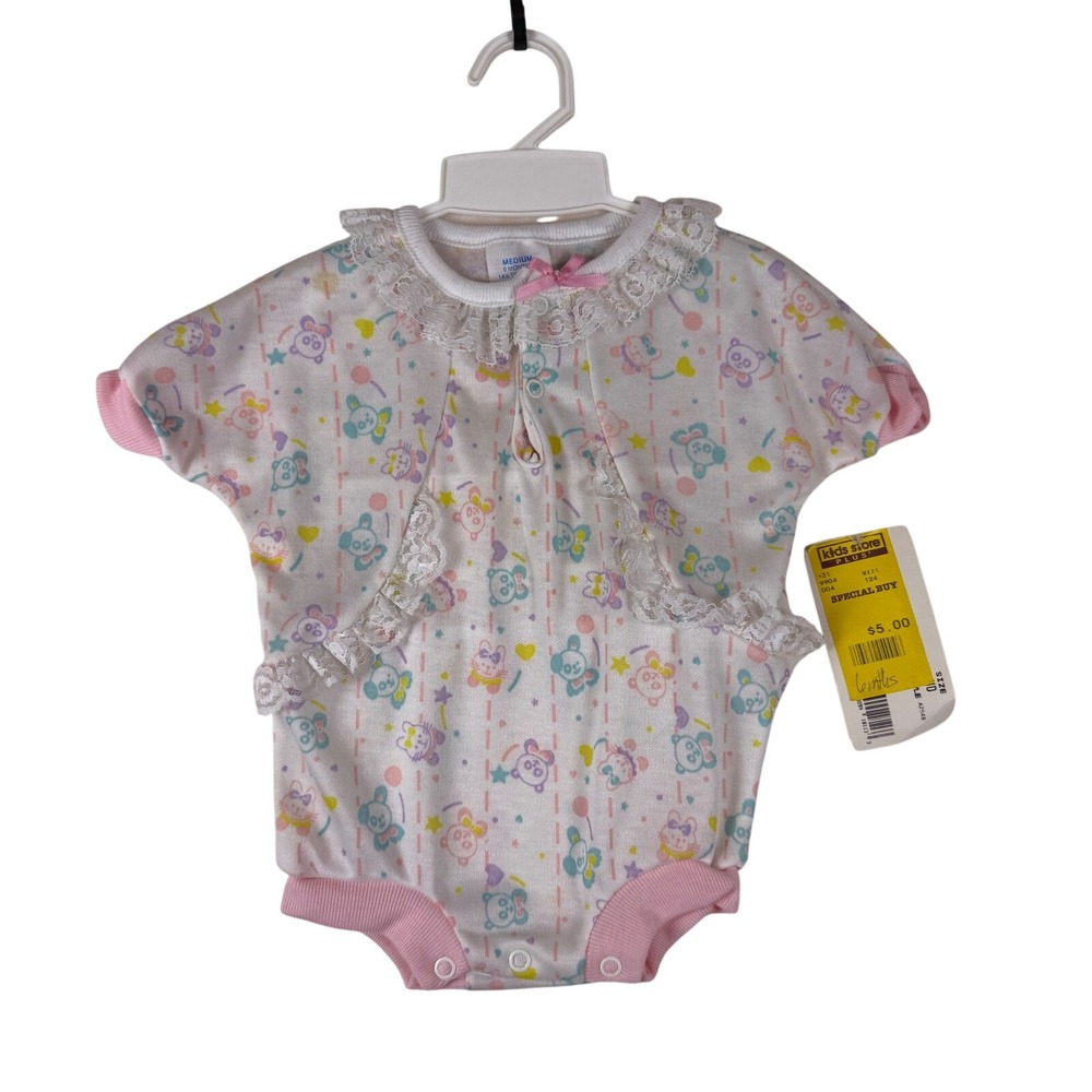 Fisher Price Bodysuit Baby 6 Months White Pink Lace Trim Vintage NWT
